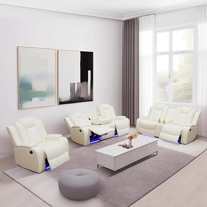 Power Recliner Sofa Set, Breathing Leather Reclining Couch Set, 3 Piece Living Room Furniture Set with LED Lights/Charging Ports/Storage for Home/Office (Creamy White, Sofa+Loveseat+Chair)