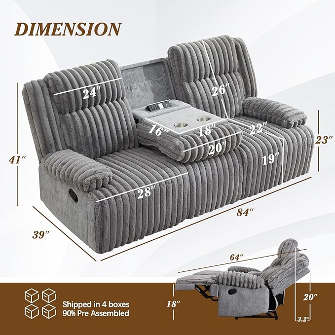 Oversized Reclining Sofa with Flip-Up Middle Backrest, Manual 3 Seater Recliner Sofa, Wall Hugger Recliner Couch with Outlets/USB Ports for Living Room, Bedroom(Gray, Sofa)