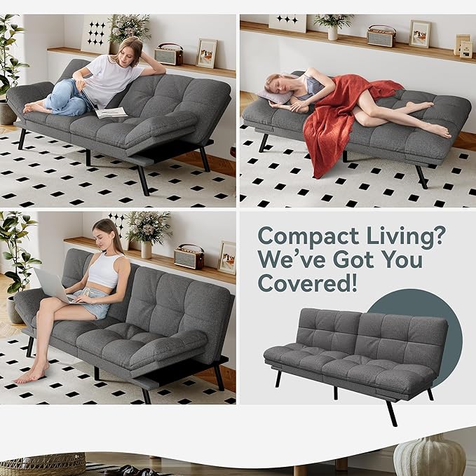 Futon Sofa Bed Convertible Couch, Grey Linen Sofa Bed with Memory Foam, Adjustable Backrest & Armrests, Multifunctional Small Loveseat Sleeper Sofa for Living Room, Apartment, Office