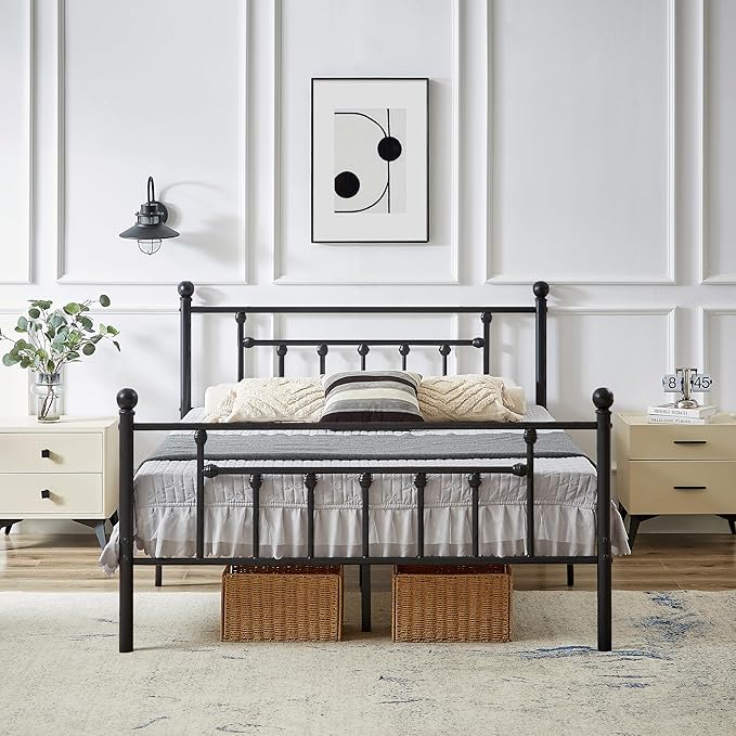VECELO Queen Size Metal Platform Bed Frame with Headboard,No Box Spring Needed/Mattress Fundation/Victorian Vintage Style