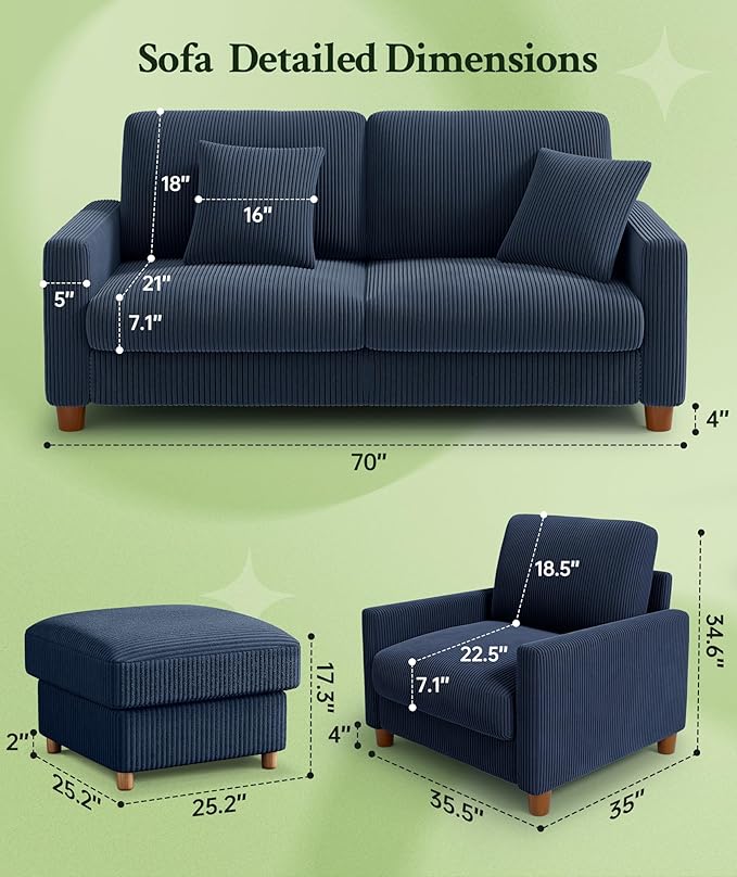 Welzona 70.2" Couches for Living Room, Comfy Sofa Set Tool-Free Setup, Corduroy Couch Set 7.1" Thicker Cushion, Accent Chair with Ottoman 848lbs Support, Sofas for Living Room Home Office, Blue