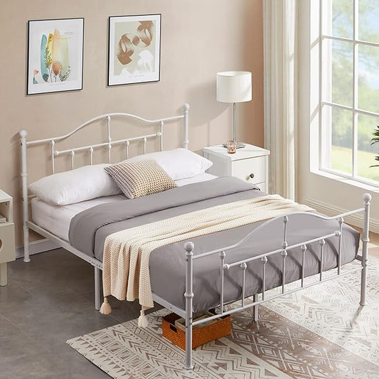 VECELO Full Size Bed Frame, Metal Platform Mattress Foundation/Box Spring Replacement with Headboard Victorian Style, White