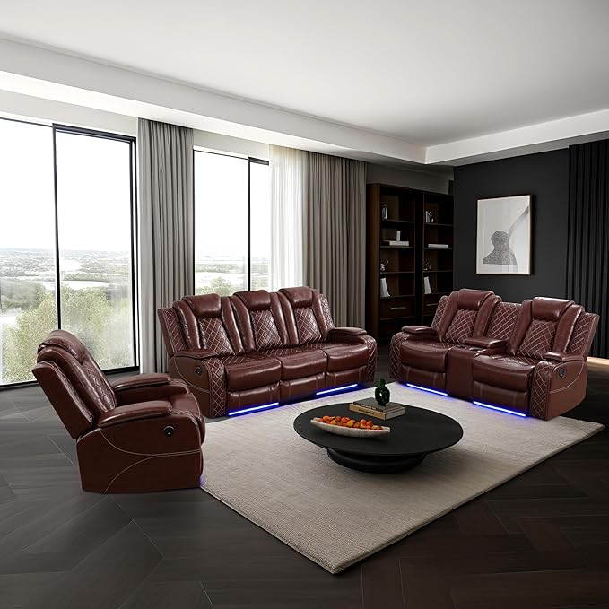 Power Leather Recliner Sofa Set with LED Light,Leather Couch Set for Reclining Sofa with Drop-Down Table/Loveseat with Storage Console/Single Chair 3 PCS Living Room Furniture(Red,3+2+1)