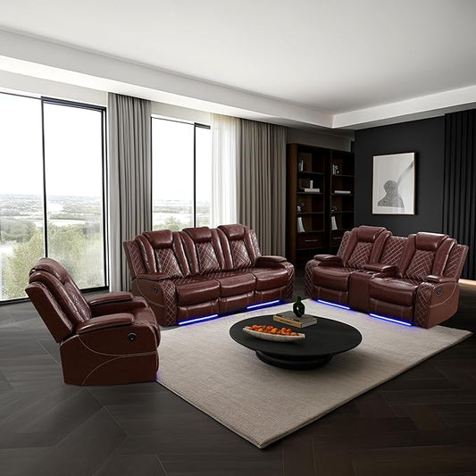 Power Leather Recliner Sofa Set with LED Light,Leather Couch Set for Reclining Sofa with Drop-Down Table/Loveseat with Storage Console/Single Chair 3 PCS Living Room Furniture(Red,3+2+1)