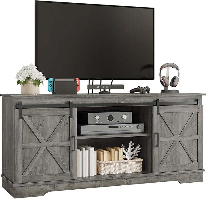 YITAHOME Farmhouse TV Stand for 65/60/55 Inch, Modern Entertainment Center with Sliding Barn Door, Wood TV Media Console Storage TV Cabinet for Living Room for 300lbs, Rustic Grey