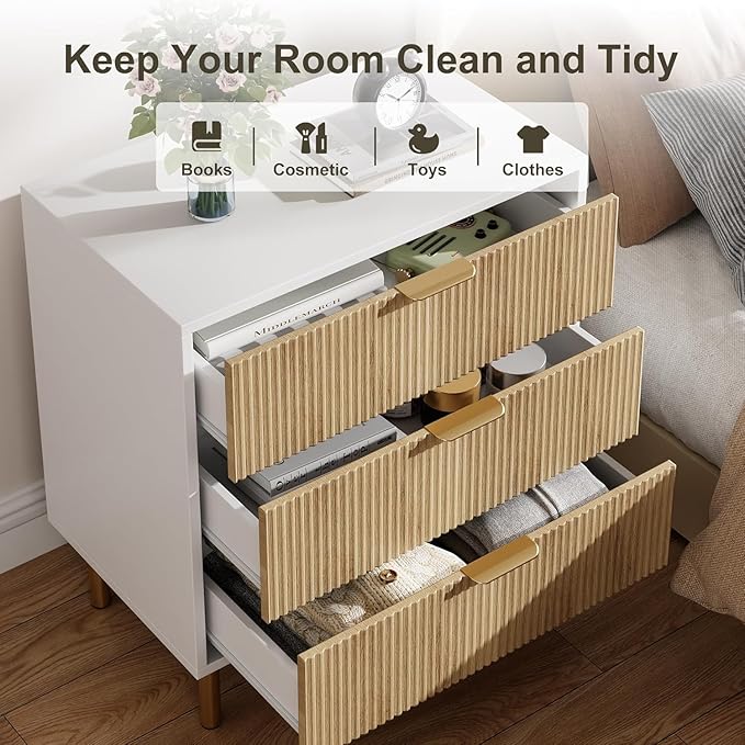 IDEALHOUSE Natural Dresser, Modern 3 Drawer Dresser for Bedroom with Gold Handle and Large Drawer, Wood Double Chest of Drawers and Storage Organizer for Living Room, Hallway, Entryway