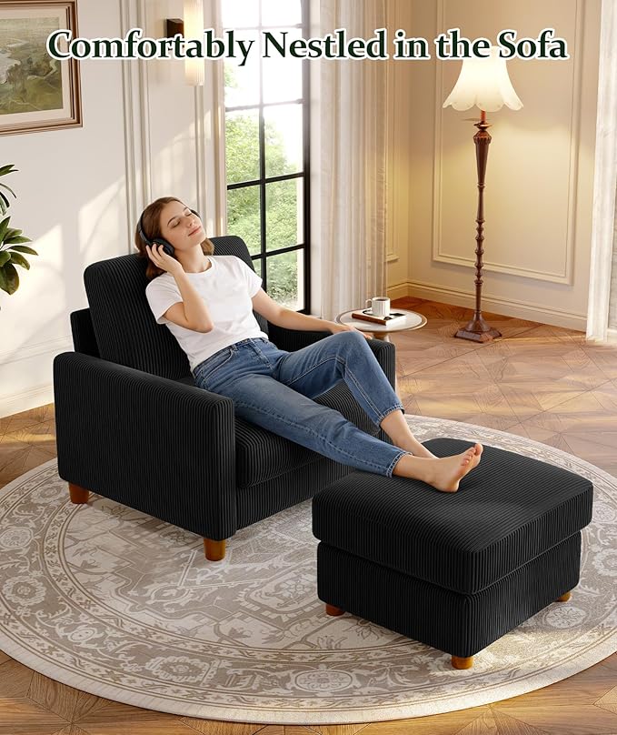 Welzona 35.3" Couches for Living Room, Comfy Black Couch Single with 22.5" Deeper Seat, Accent Chair Tool-Free Setup, Reading Chair 440lbs Support, Corduroy Couch for Bedroom, Apartment, Office