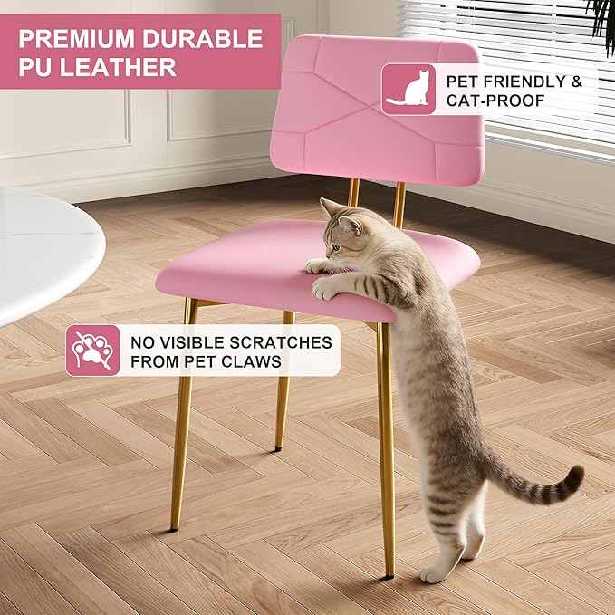 VECELO Dining Chairs Set of 2, Modern Upholstered Kitchen Chairs with Faux Leather Cushion Seat & Metal Legs for Kitchen, Living Room, Tufted Backrest Design, Pink