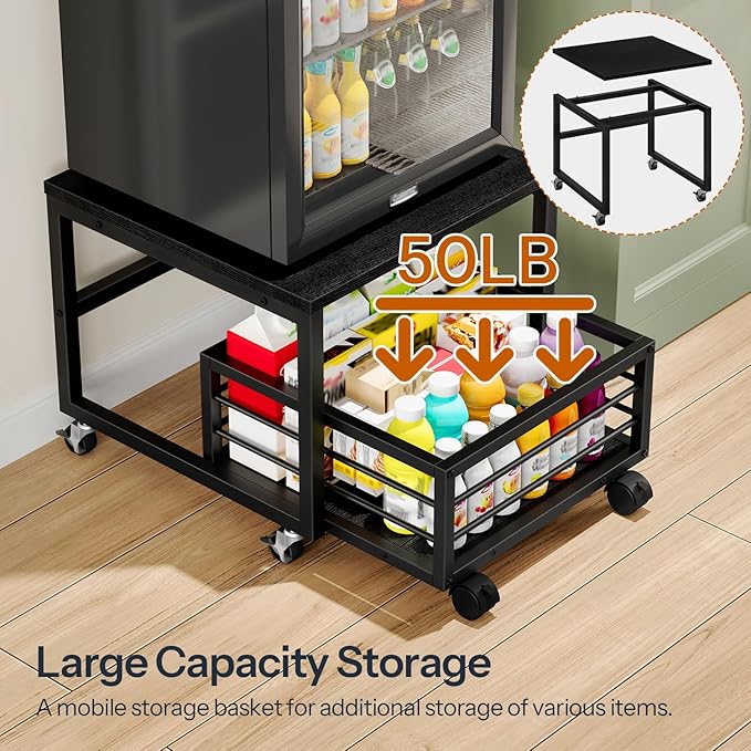 HOOBRO Mini Fridge Stand with Movable Storage Basket, Mini Fridge Cabinet with Wheels and Adjustable Feet, Sturdy Metal Frame, for Home, Apartment, Office, Black BB155TL01