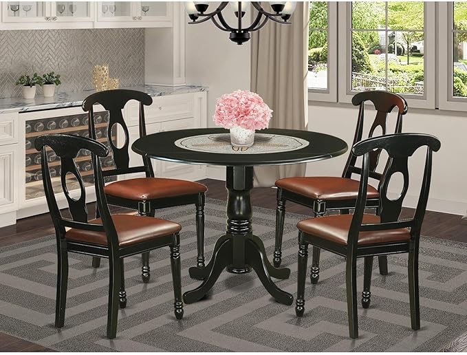 East West Furniture DLKE5-BLK-LC 5 Piece Dinette Set for 4 Includes a Round Dining Table with Dropleaf and 4 Faux Leather Dining Room Chairs, 42x42 Inch, Black