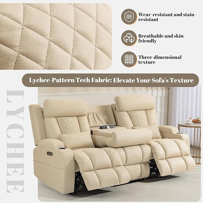 Zero Wall Hugger Power Reclining Sofa Set with Adjustable Headrest, Electric Reclining Couch with Drop-Down Table, Reclining Sofa and Loveseat Set for Living Room (Beige, Sofa+Loveseat)