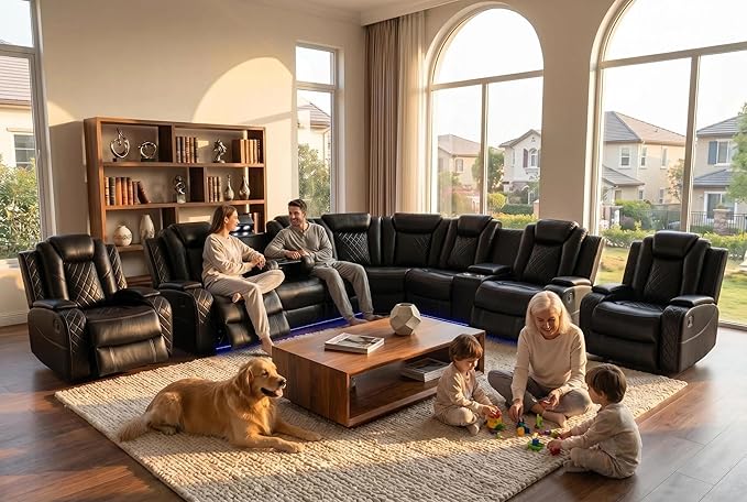 Power Reclining Sectional Sofa Set with LED, Living Room Furniture Sets, Leather Recliner Couch for Living Room/Home Theater, Sectional Couch and Chair with 4 Recliners, USB Port/Hide-Away Storage