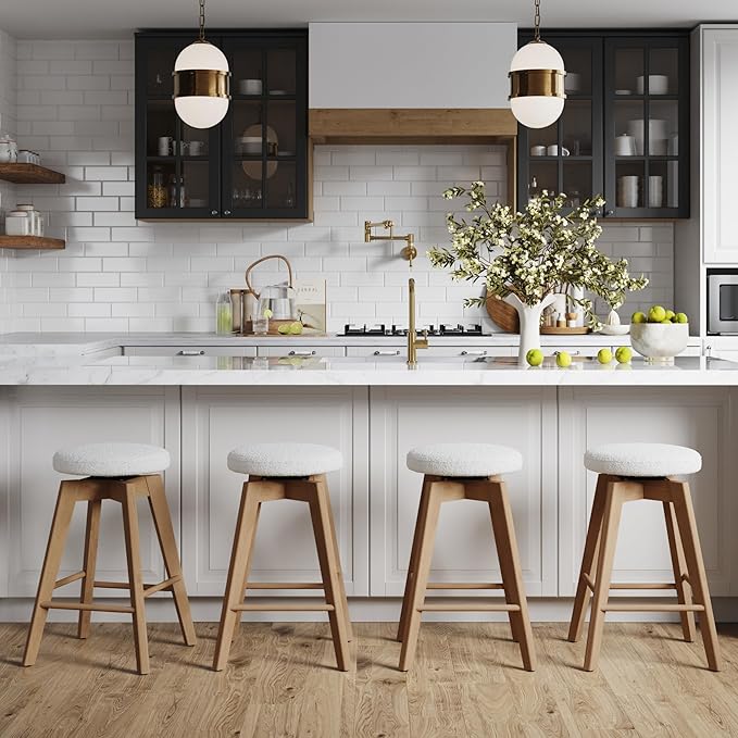 Nathan James Amalia Bohemian Swivel Bar Stool, Backless Counter Height Boucle Counter Stool with Solid Wood Legs and Upholstered Seat, White Oak Set of 4