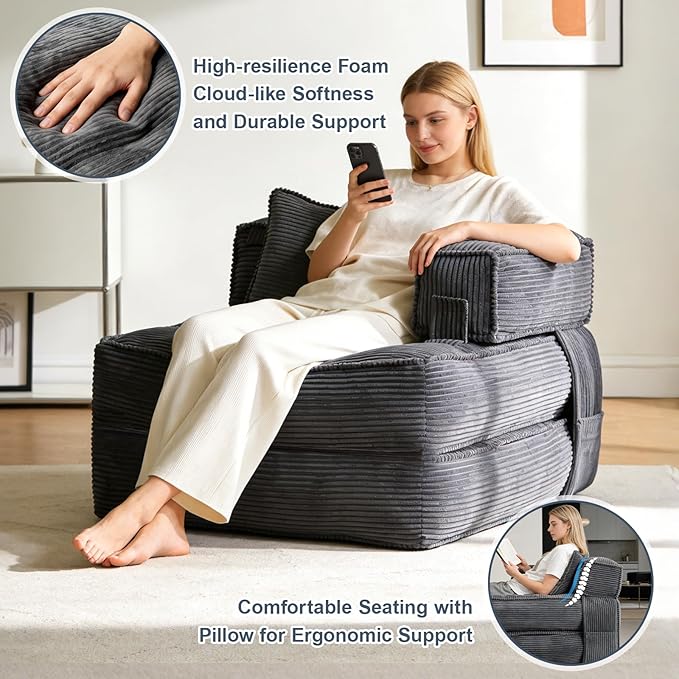 Folding Sofa Bed Chair with Armrests, Convertible Futon Couch Sleeper Chair for Adults, Fold Out Boneless Chair Bed, Foldable Sofa Lounge for Small Spaces, with Pillow, Dark Grey