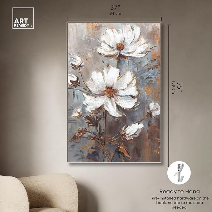 Art Remedy White Textured Flowers Canvas Elegant Floral Wall Art, Silver Frame, 36" x 54"