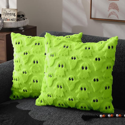 DFXSZ Halloween Pillow Covers 20x20 inch Set of 2 Green Ghost Throw Pillow Cases Soft Plush Faux Fur Wool Couch Cushion Case for Chair Sofa Bedroom Living Room Home Decor PTK03Y20