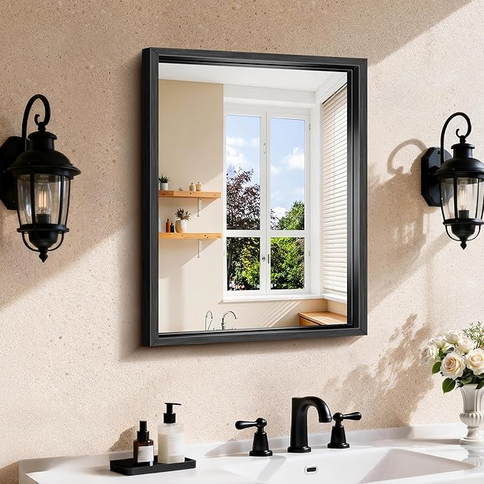 CIRCUMI 18"x24" Black Mirror with Chunky Box Metal Frame, Brushed Finish Rectangular Bathroom Mirrors for Over Sink, Living Room, Entryway, Tempered Glass Mirror for Wall, Vertical or Horizontal
