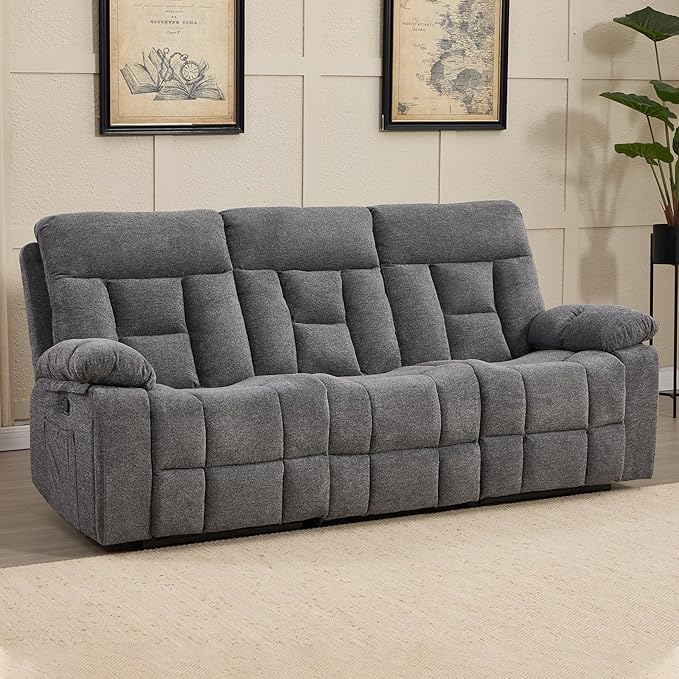 CANMOV 3 Seat Manual Recliner Sofa, Modern Reclining Sofa with Overstuffed Armrest, Hidden Cup Holders, for Living Room, Grey