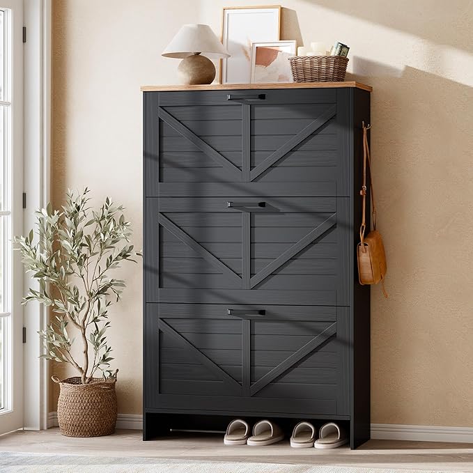 Nicetree Barn Door Shoe Cabinet for Entryway - Modern Farmhouse Shoe Storage Cabinet with 3 Flip Drawers - Slim Hidden Shoe Organizer for 24-32 Pairs - Fits Size 12 Work Boots