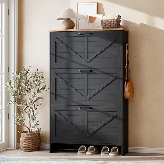 Nicetree Barn Door Shoe Cabinet for Entryway - Modern Farmhouse Shoe Storage Cabinet with 3 Flip Drawers - Slim Hidden Shoe Organizer for 24-32 Pairs - Fits Size 12 Work Boots