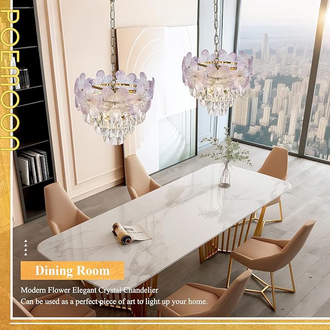 Modern Purple Flower Elegant Chandeliers 3-Lights 14" K9 Crystal Luxury Gold Chandelier Lighting 4 Tiers Small Ceiling Pendant Light Fixture for Dining Room Kitchen Island Entryway Bedroom