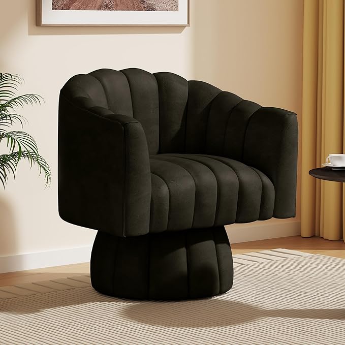 Modern 360 Degree Leather Swivel Cuddle Barrel Accent Sofa Chairs, Round Armchairs with Wide Upholstered, Leather Reading Chair for Living Room, Bedroom, Office, Waiting Rooms, (Black)