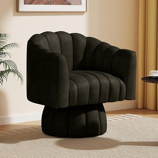 Modern 360 Degree Leather Swivel Cuddle Barrel Accent Sofa Chairs, Round Armchairs with Wide Upholstered, Leather Reading Chair for Living Room, Bedroom, Office, Waiting Rooms, (Black)
