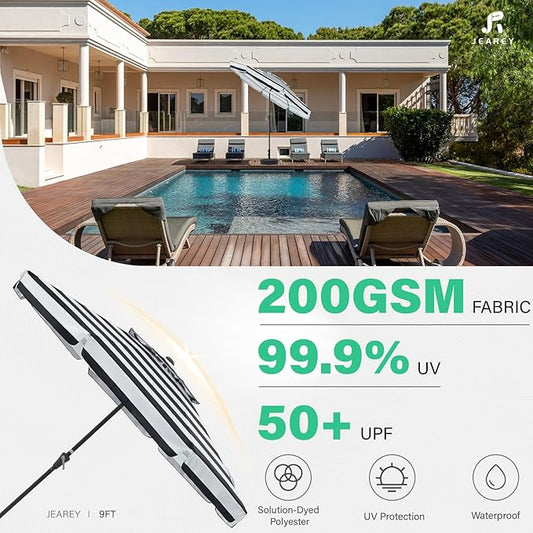 JEAREY 9' 2-Tiers Patio Umbrellas Outdoor Market Table Umbrella w/Push Button Tilt/Crank, 8 Sturdy Ribs, UV Protection Waterproof Sunproof(Black Stripe)