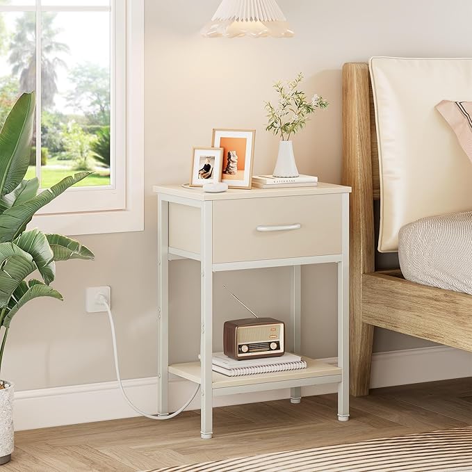 Vagusicc Nightstand Set of 2 with Charging Station, Bed Side Table with Fabric Drawer, Small End Table with 2-Tier Storage Shelves, 25.4" Tall Night Stand Bedside Table for Bedroom Living Room, Beige