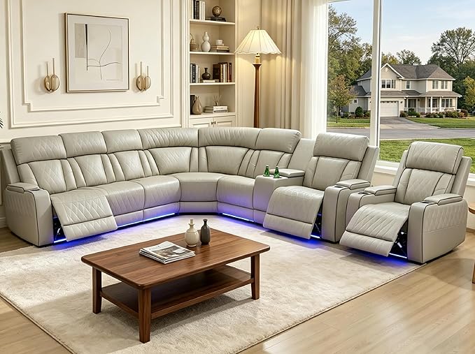 Power Reclining Sectional Sofa Set with LED, Living Room Furniture Sets, Leather Recliner Couch for Living Room/Home Theater, Sectional Couch and Chair with 3 Recliners, USB Port/Hide-Away Storage