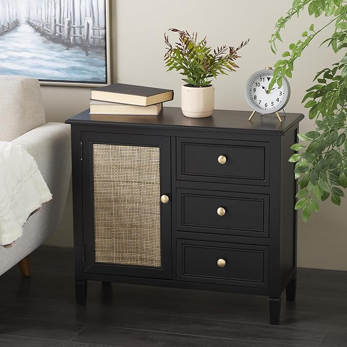 Deco 79 Wood Handmade Room Cabinet 3 Drawers and 1 Door Storage Cabinet with Rattan Front, Accent Cabinet 30" x 13" x 26", Black