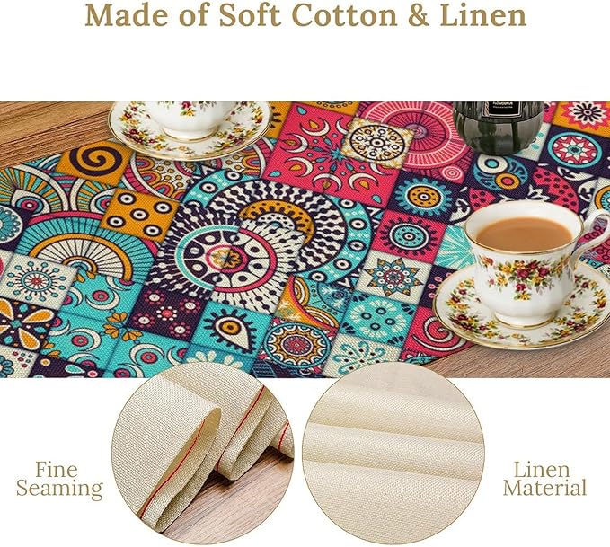 Boho Bohemian Table Runner Colorful Abstract Mid Century Geometric Table Ruuner Decoration for Kitchen Dining Room 13x120in