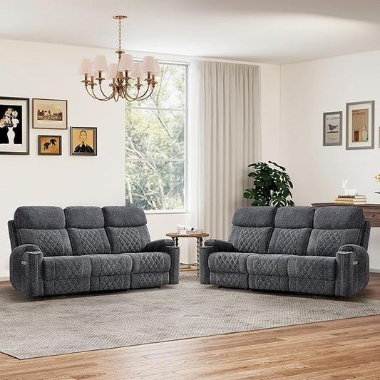 HAOMARKETS Power Oversized Reclining Sofa Couch Set of 2 with Cup Holders, Breathable Fabric 3-Seater Electric Recliner Couches with USB and Type-C Charging Ports for Living Room, Dark Grey