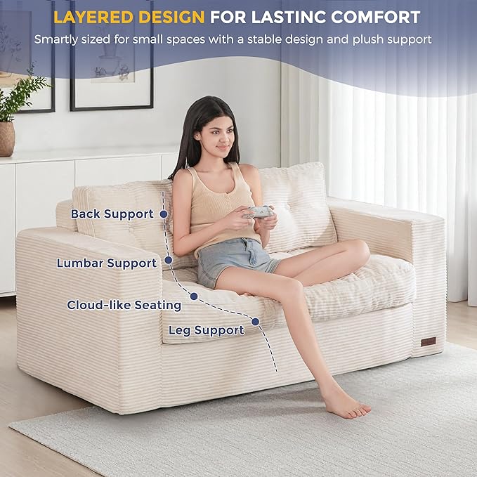 MAXYOYO Loveseat Sofa Couch, Upholstered Bean Bag Chair Cloud 2-Seat for Adults, Boneless Couch with Tufted Cushion & Pillows, Sofa in A Box, No Assembly Required, Beige