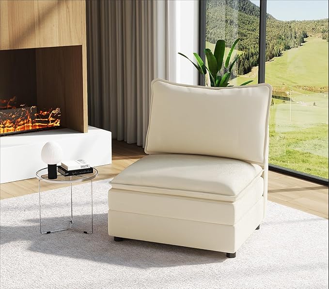 Vesgantti 40" Single Seat Sofa, Comfy Cloud Couch Deep Seat Upholstered Couch Chenille Modern Sofa, Extra Seats for Modular Couches, Beige (Without Armrest) | Sink-in Comfort, Height Adjustable, Easy Rearrangement, Extra-deep Ottoman, Solid Wood Frame