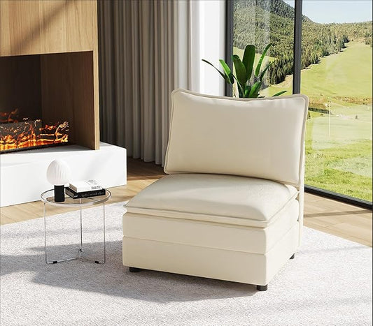 Vesgantti 40" Single Seat Sofa, Comfy Cloud Couch Deep Seat Upholstered Couch Chenille Modern Sofa, Extra Seats for Modular Couches, Beige (Without Armrest) | Sink-in Comfort, Height Adjustable, Easy Rearrangement, Extra-deep Ottoman, Solid Wood Frame