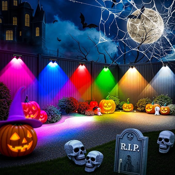 Solar Fence Lights Outdoor, Solar Wall Lights 9 Fixed Colors ＆ Color Changing Modern Solar Powered Deck Light for Halloween Step Stair Patio Backyard Porch Railing decor, IP65 Waterproof (16 Pack)