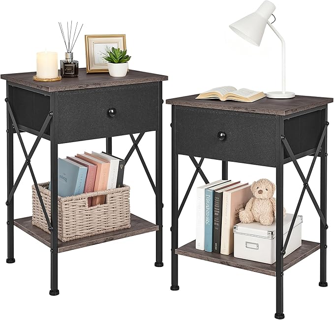 VECELO Nightstand Set of 2, X-Design End Side Table with Fabric Storage Drawer and Open Shelf, Bedside Night Stand with Steel Frame for Bedroom, Living Room,Dorm, Easy Assembly,Gray