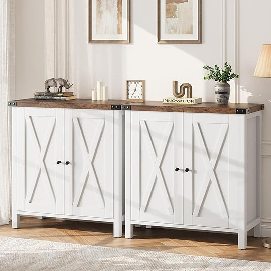GarveeHome Small Storage Cabinet, Farmhouse Sideboard Buffet Cabinet with 2 Doors and Adjustable Shelves, Accent Entryway Console Cabinets for Living Room, Dining Room (White+Brown, 2 Pieces)