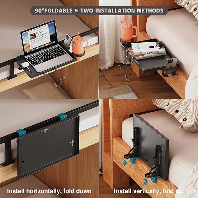 Bedside Shelf Foldable, Metal Clip-On Bed Shelf for Top Bunk Heavy Duty Bed Side Table Tray for College Dorm Essentials, Loft Nightstand Organizer Tray with Removable Cup & Phone Holder(Black)