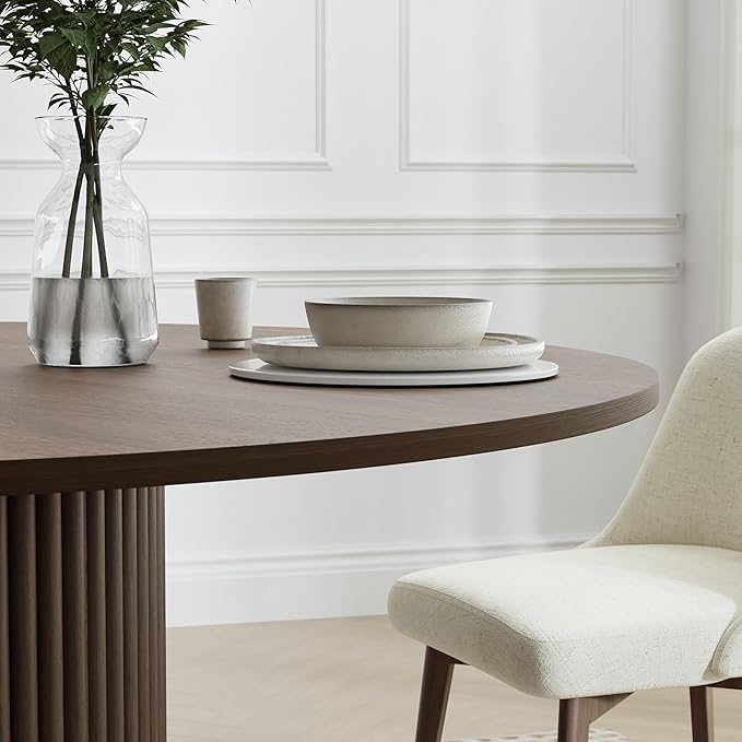Casaphoria 46" Round Dining Table, Modern Wood Kitchen Table with Cylindrical Wide Bar Concave Base for Living Room & Dining Room, Easy Assembly Farmhouse Furniture for 4-6, Walnut
