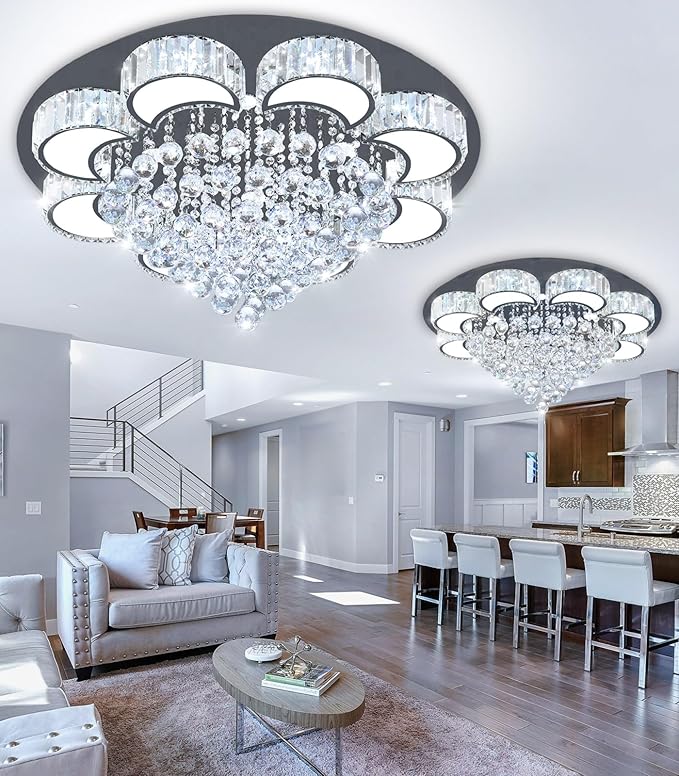 31.4'' Black Modern Crystal Chandeliers for Dining Room LED Dimmable Light Fixtures Flush Mount Light Living Room Bedrooms