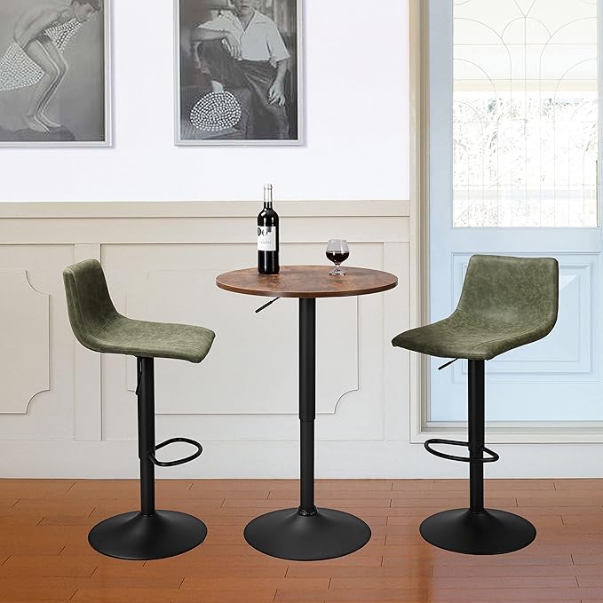 Finnhomy Bar Stools Set of 2 Counter Height, Swivel Barstools with Footrest and L Shape Back, Height Adjustable Modern Bar stools for Kitchen, Vintage Leather, Retro Green