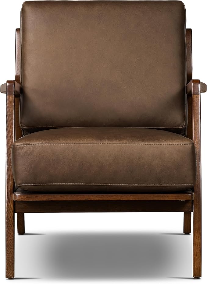 Poly & BARK Verity Leather Accent Chair – Armchair with Walnut Wood Frame – Fashion-Forward Lounge Seating for Living Room – Upholstered in Cocoa Brown Leather for Modern Style