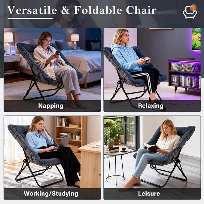 Saucer Chair, Comfy Doorm Chairs, Oversized Folding Faux Fur Chair, Foldable Metal Frame Chair, for Bedroom, Living Room, Balcony, Study, Playroom (Navy Blue)