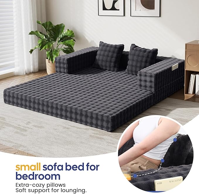 COMAX Futon Sofa Bed, 4‑in‑1 Convertible Sofa Bed, Folding Boneless Couches for Living Room, Fold Out Small Foldable Loveseat Floor Sleeper Comfy Mattress Lounge Space‑Saving, Ash Gray