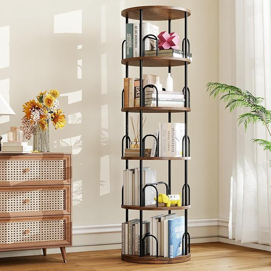 5-Tier Rotating Bookshelf, 360° Round Spinning Book Shelf Tower, Tall Skinny Wood & Metal Bookshelf for Corner/Office/Home, Modern Industrial Vintage Style