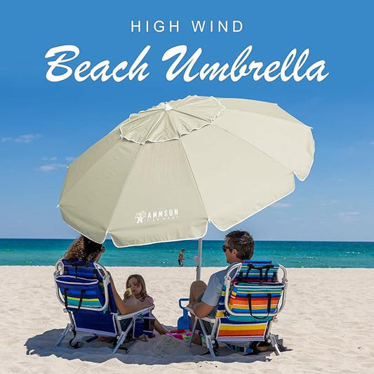 AMMSUN 8 Feet Large Beach Umbrella with Sand Anchor Heavy Duty High Wind Portable Outdoor Umbrellas UV 50+ Protection Air Vent Tilt Patio Garden Pool