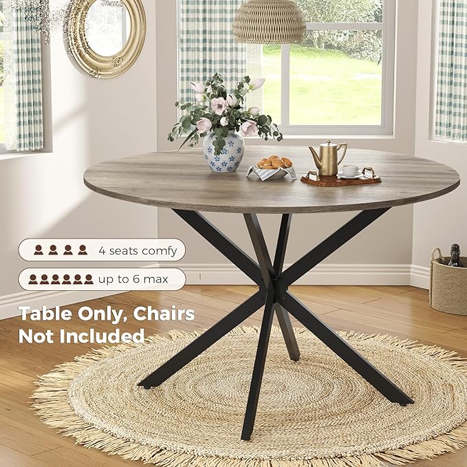 Unovivy 47 Inch Round Dining Table for 4, Space Saving Circle Dining Table with Pedestal Metal Frame, Farmhouse Wood Round Kitchen Table for Living & Dining Room, Light Ivory