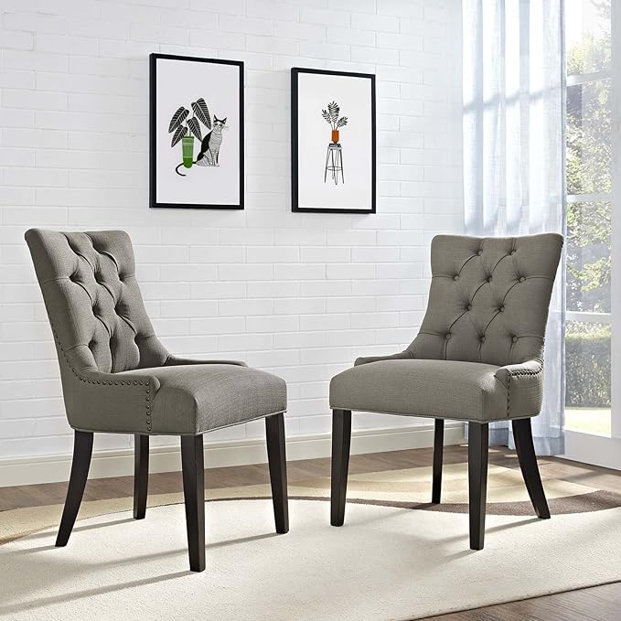 Modway Regent Modern Tufted Upholstered Fabric Two Dining Chairs with Nailhead Trim in Granite
